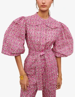 Maje Pyad Floral-print Puff-sleeve Cotton Jumpsuit 9 Maje Pyad Floral-print Puff-sleeve Cotton Jumpsuit -Ted Bakee Fashion Shop R04101875 ROSES ALT04