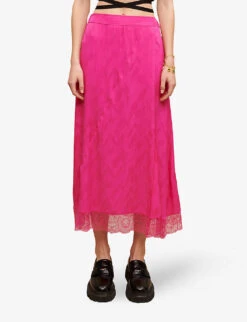Maje Jolira Graphic-print Lace-trimmed Woven Midi Skirt 7 Maje Jolira Graphic-print Lace-trimmed Woven Midi Skirt -Ted Bakee Fashion Shop R04101948 ROSES ALT02