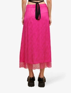 Maje Jolira Graphic-print Lace-trimmed Woven Midi Skirt 8 Maje Jolira Graphic-print Lace-trimmed Woven Midi Skirt -Ted Bakee Fashion Shop R04101948 ROSES ALT03