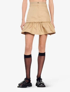 Sandro Alicanted Ruffled High-waisted Cotton-blend Mini Skirt -Ted Bakee Fashion Shop R04102247 NATURELS ALT02