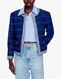 Sandro Asti Contrast-trim Tweed Cotton-blend Blazer -Ted Bakee Fashion Shop R04102252 BLEUS ALT04