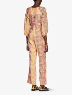 Sandro Dieppe Floral-print Linen-blend Jumpsuit 8 Sandro Dieppe Floral-print Linen-blend Jumpsuit -Ted Bakee Fashion Shop R04102428 NATURELS ALT03