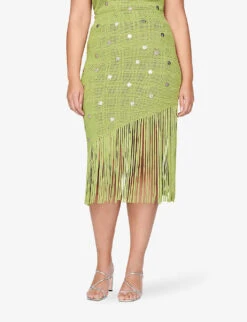 Sandro Anne Laure Fringe-embellished Woven Midi Skirt -Ted Bakee Fashion Shop R04102681 VERTS ALT02