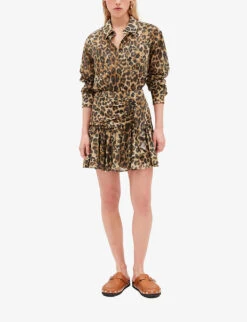 CLAUDIE PIERLOT Sisterleo Leopard-print Gathered-effect Cotton Mini Skirt -Ted Bakee Fashion Shop R04103390 DIVERS ALT02