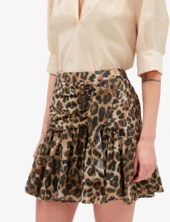CLAUDIE PIERLOT Sisterleo Leopard-print Gathered-effect Cotton Mini Skirt -Ted Bakee Fashion Shop R04103390 DIVERS ALT04