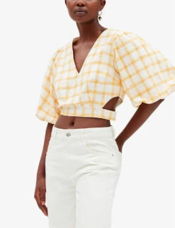 CLAUDIE PIERLOT Checked-print Cropped Cotton Top -Ted Bakee Fashion Shop R04103417 DIVERS ALT02