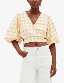 CLAUDIE PIERLOT Checked-print Cropped Cotton Top -Ted Bakee Fashion Shop R04103417 DIVERS ALT04