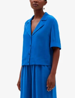 CLAUDIE PIERLOT Notch-lapel Silk Top -Ted Bakee Fashion Shop R04103511 BLEUS ALT02