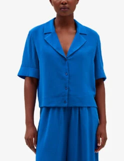 CLAUDIE PIERLOT Notch-lapel Silk Top -Ted Bakee Fashion Shop R04103511 BLEUS ALT04