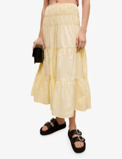 Maje Junnala High-rise Tiered Woven Midi Skirt -Ted Bakee Fashion Shop R04104073 JAUNESORANGES ALT02