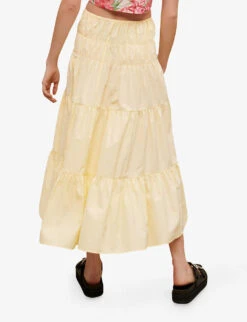 Maje Junnala High-rise Tiered Woven Midi Skirt -Ted Bakee Fashion Shop R04104073 JAUNESORANGES ALT03