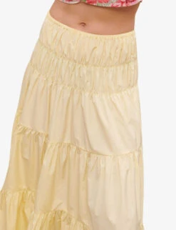 Maje Junnala High-rise Tiered Woven Midi Skirt -Ted Bakee Fashion Shop R04104073 JAUNESORANGES ALT04