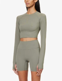 Fitted Long-sleeved Cropped Stretch-woven T-shirt -Ted Bakee Fashion Shop R04104653 OLIVEGREEN ALT02