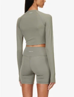 Fitted Long-sleeved Cropped Stretch-woven T-shirt -Ted Bakee Fashion Shop R04104653 OLIVEGREEN ALT03