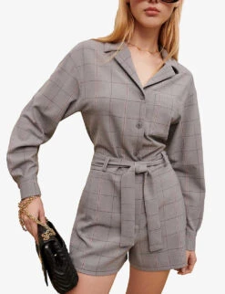 Maje Check-print Stretch Wool-blend Short Jumpsuit -Ted Bakee Fashion Shop R04105498 NOIRGRIS ALT04