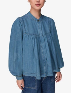 Whistles Mollie High-neck Chambray Denim Blouse -Ted Bakee Fashion Shop R04109039 BLUE ALT02