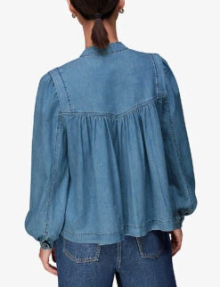 Whistles Mollie High-neck Chambray Denim Blouse -Ted Bakee Fashion Shop R04109039 BLUE ALT03