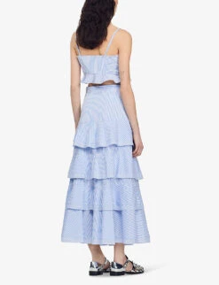 Sandro Tiered-striped Stretch-cotton Maxi Skirt -Ted Bakee Fashion Shop R04111298 BLEUS ALT03