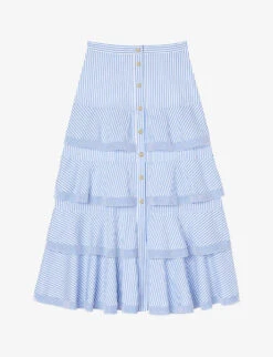 Sandro Tiered-striped Stretch-cotton Maxi Skirt