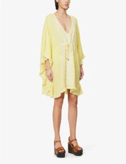 Melissa Odabash Isabelle Fringed-trim Woven Kaftan -Ted Bakee Fashion Shop R04111522 YELLOWWHITE ALT02