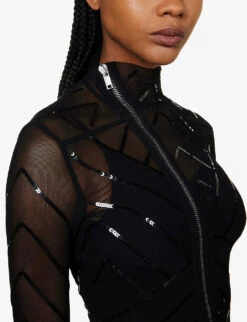 Sequin-embellished Sheer High-neck Slim-fit Stretch-mesh Jacket -Ted Bakee Fashion Shop R04111588 BLACKBLACK ALT04