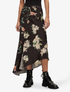 AllSaints Luisa Fabia Floral-print Asymmetric-hem Woven Midi Skirt -Ted Bakee Fashion Shop R04119007 BLACK ALT02