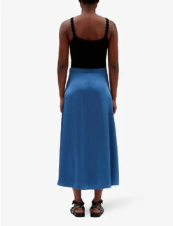 CLAUDIE PIERLOT Sapino Mid-rise Flared Satin Midi Skirt -Ted Bakee Fashion Shop R04121430 BLEUS ALT03