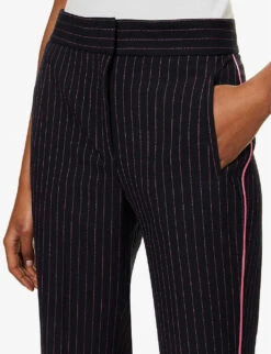 ME AND EM Pinstriped Slim-leg Recycled Polyester-blend Trousers -Ted Bakee Fashion Shop R04122179 NAVYFLUROPINK ALT04