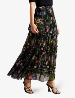 Ted Baker Thieaa Floral-print Tiered Recycled-polyester Maxi Skirt -Ted Bakee Fashion Shop R04122499 BLACK ALT02