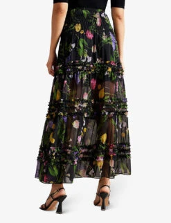 Ted Baker Thieaa Floral-print Tiered Recycled-polyester Maxi Skirt -Ted Bakee Fashion Shop R04122499 BLACK ALT03