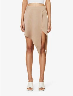 STELLA MCCARTNEY Asymmetric-hem Mid-rise Satin Mini Skirt -Ted Bakee Fashion Shop R04125567 TAUPE ALT02