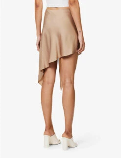 STELLA MCCARTNEY Asymmetric-hem Mid-rise Satin Mini Skirt -Ted Bakee Fashion Shop R04125567 TAUPE ALT03