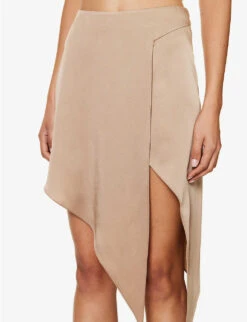 STELLA MCCARTNEY Asymmetric-hem Mid-rise Satin Mini Skirt -Ted Bakee Fashion Shop R04125567 TAUPE ALT04