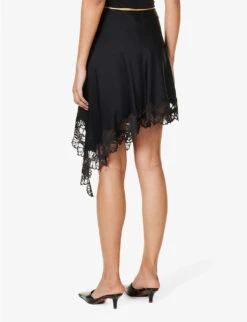 STELLA MCCARTNEY Asymmetric-hem Lace-embroidered Woven-blend Mini Skirt -Ted Bakee Fashion Shop R04125568 BLACK ALT03