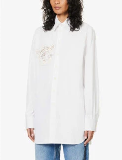STELLA MCCARTNEY Crochet-panel Split-side Cotton-poplin Shirt -Ted Bakee Fashion Shop R04125591 PUREWHITE ALT02