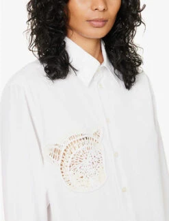 STELLA MCCARTNEY Crochet-panel Split-side Cotton-poplin Shirt -Ted Bakee Fashion Shop R04125591 PUREWHITE ALT04