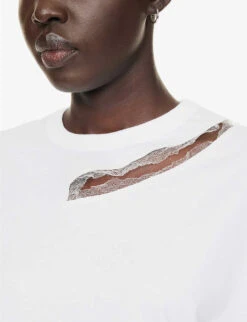 Undercover Cut-out Tulle-trim Cotton T-shirt -Ted Bakee Fashion Shop R04126873 WHITE ALT04