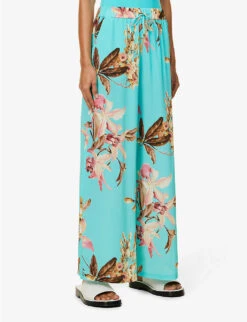 Max Mara Judit Floral-print Wide-leg High-rise Silk Trousers -Ted Bakee Fashion Shop R04127767 PASTELGREEN ALT02