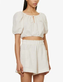 Rosa Cropped Relaxed-fit Organic-linen Top -Ted Bakee Fashion Shop R04128932 WHITE ALT02