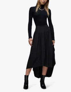 AllSaints Kaye Asymmetric-hem Woven Midi Skirt -Ted Bakee Fashion Shop R04131331 BLACK ALT02