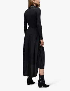 AllSaints Kaye Asymmetric-hem Woven Midi Skirt -Ted Bakee Fashion Shop R04131331 BLACK ALT03