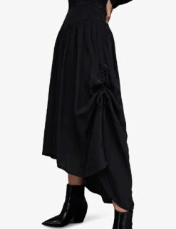 AllSaints Kaye Asymmetric-hem Woven Midi Skirt -Ted Bakee Fashion Shop R04131331 BLACK ALT04