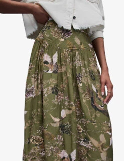AllSaints Kaye Peggy Patterned Regular-fit Woven Midi Skirt -Ted Bakee Fashion Shop R04131449 KHAKIGREEN ALT04