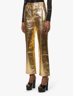 Lupe Metallic Wide-leg High-rise Faux-leather Trousers -Ted Bakee Fashion Shop R04132246 GOLD ALT02