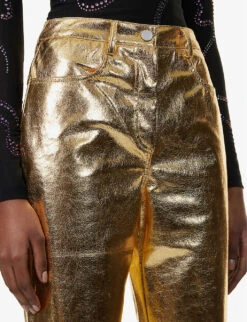 Lupe Metallic Wide-leg High-rise Faux-leather Trousers -Ted Bakee Fashion Shop R04132246 GOLD ALT04