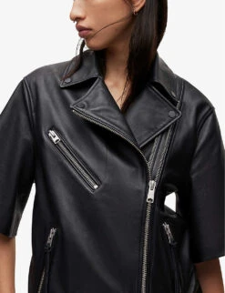 AllSaints Ripley Short-sleeve Leather Biker Jacket 9 AllSaints Ripley Short-sleeve Leather Biker Jacket -Ted Bakee Fashion Shop R04134037 BLACK ALT04