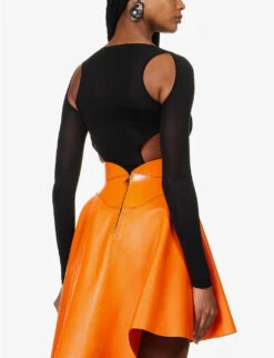 Alexander McQueen Cut-out Silk-blend Bodysuit -Ted Bakee Fashion Shop R04136282 BLACK ALT03