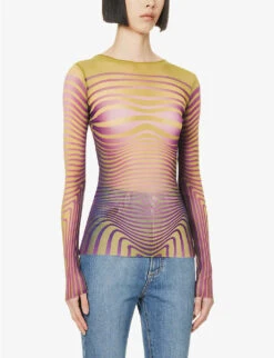Jean Paul Gaultier Flower Trompe L'Oeil Graphic-print Mesh Top 8 Jean Paul Gaultier Flower Trompe L'Oeil Graphic-print Mesh Top -Ted Bakee Fashion Shop R04137652 GREENBLACK ALT02
