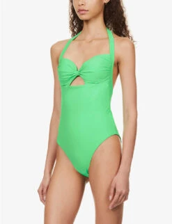 SELF PORTRAIT Bow-embellished Halterneck Swimsuit -Ted Bakee Fashion Shop R04137719 GREEN ALT02