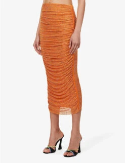 SELF PORTRAIT Crystal-embellished Slim-fit Stretch-woven Midi Skirt -Ted Bakee Fashion Shop R04137723 ORANGE ALT02